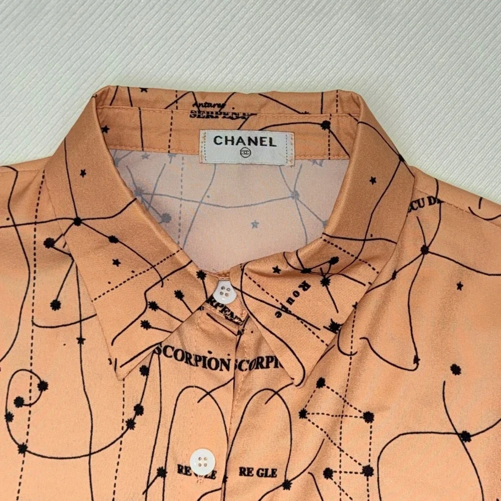 Chanel Celestial Zodiac Moon Print Cotton Button Down Shirt Peach Long Sleeve